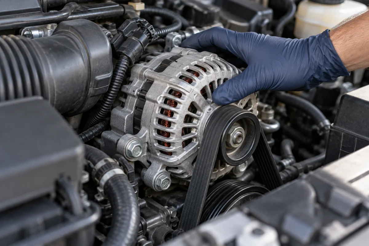 Illustration of an automotive alternator inspection with the engine off