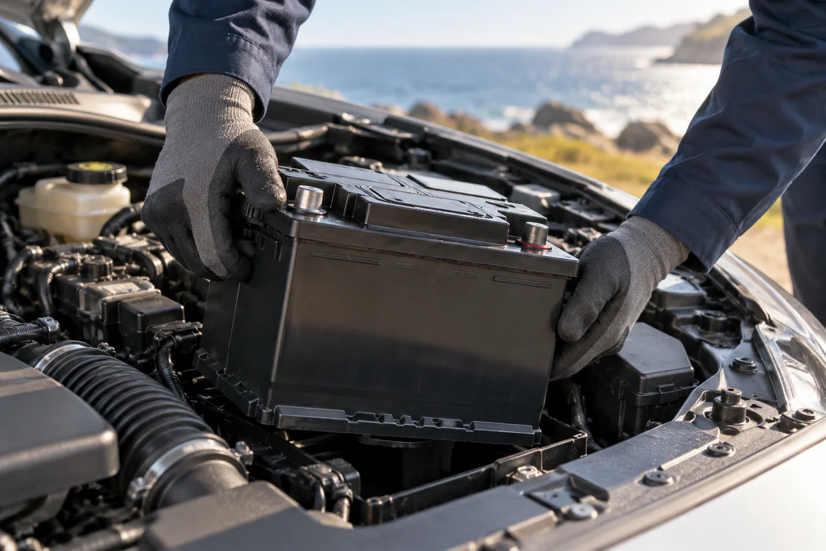 Illustration of gloved hands installing a vehicle battery