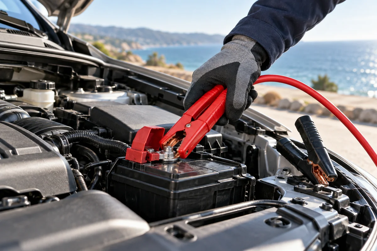 Illustration of a jumpstart clamp at a vehicle battery