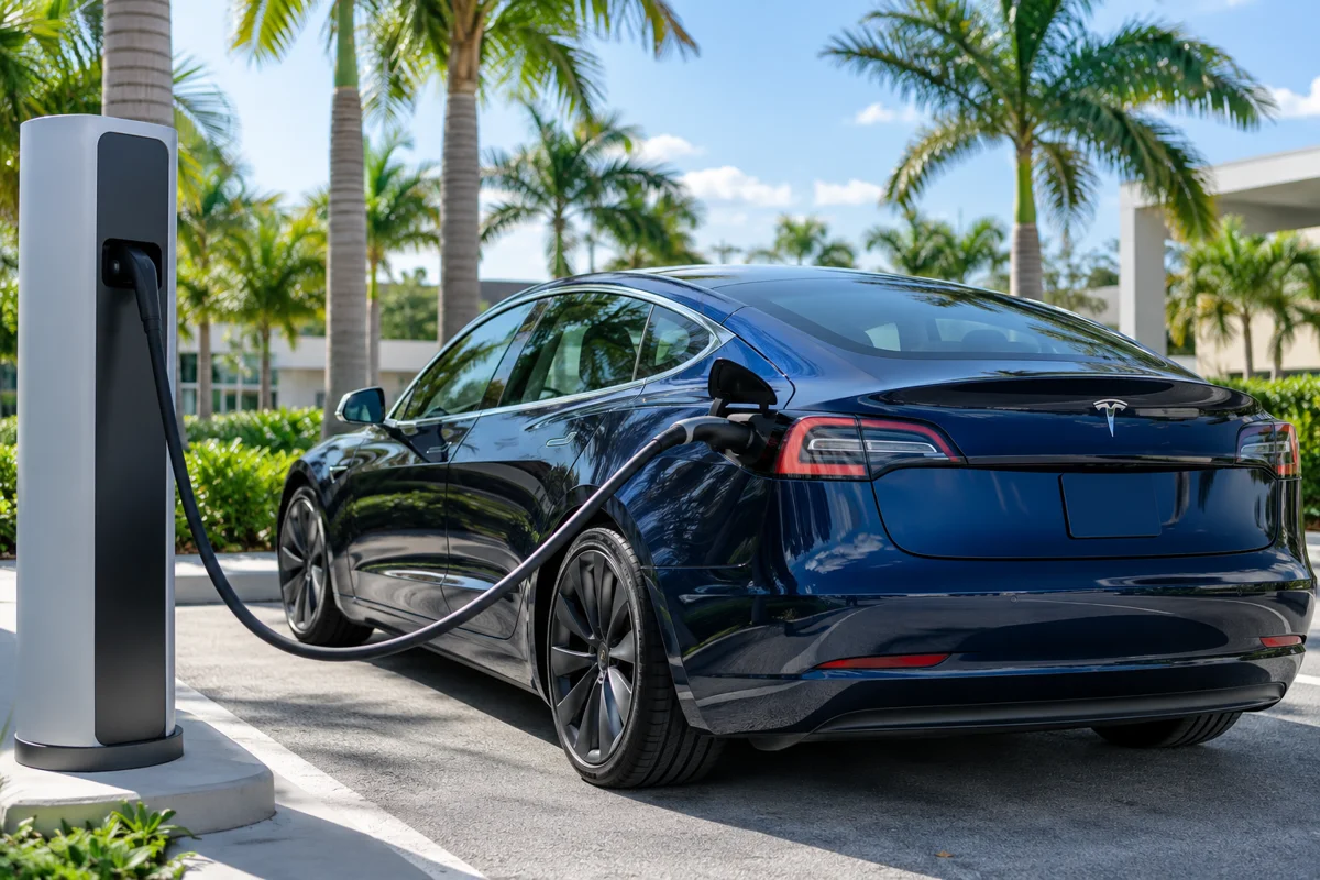 Illustration of a Tesla connected to an electric vehicle charging station
