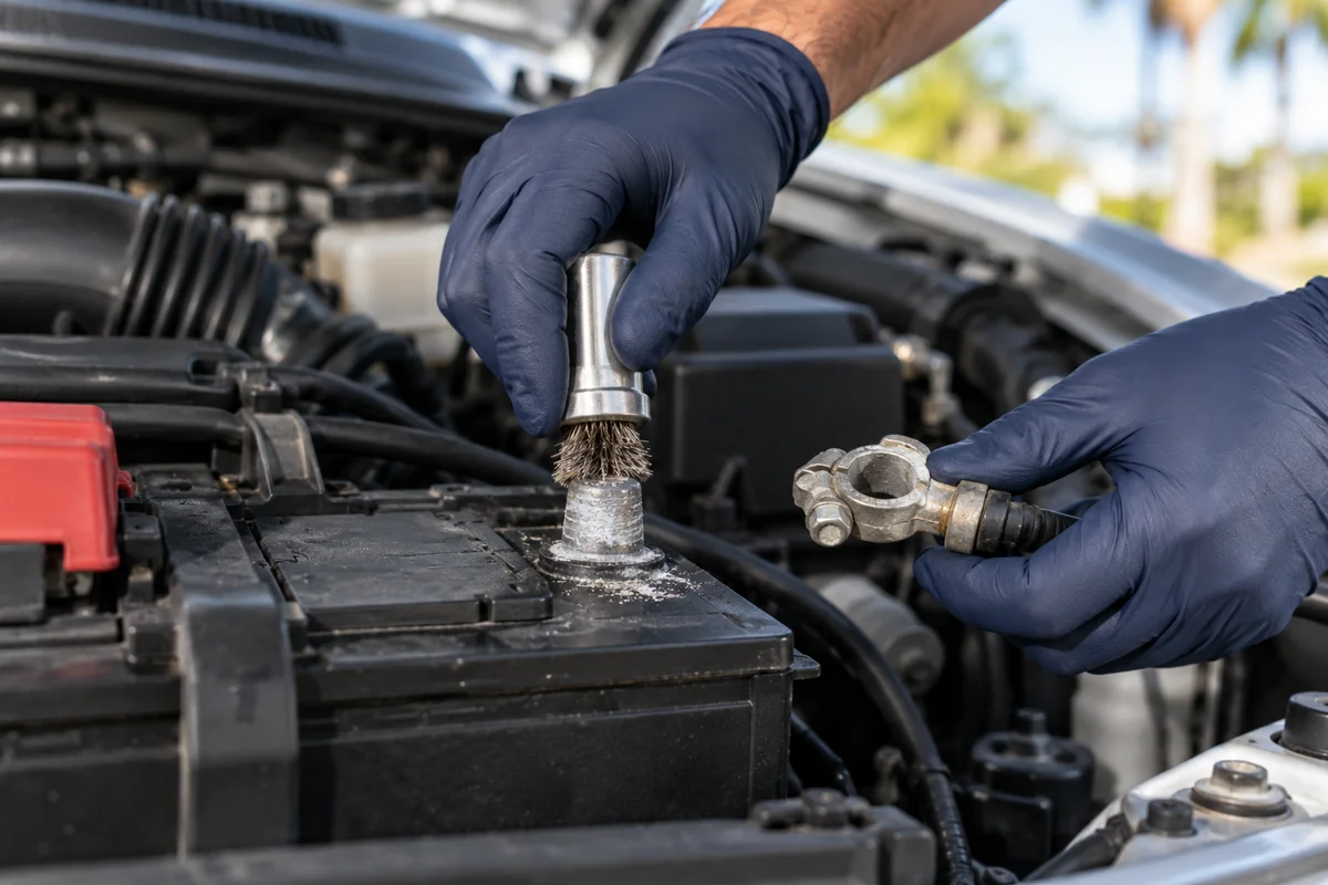 Illustration of gloved hands cleaning a car battery terminal